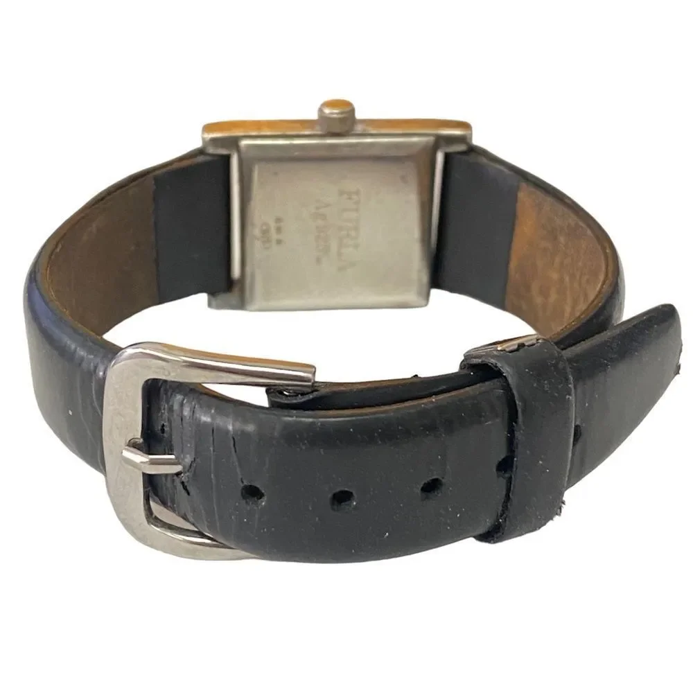FURLA 925 Sterling Silver Black Leather Watch